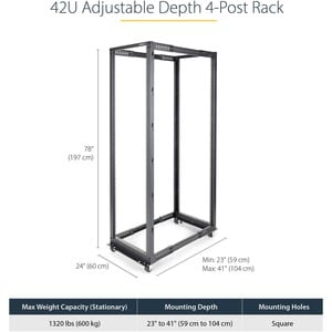 StarTech.com 4-Post 42U Mobile Open Frame Server Rack, 19" Network Rack with Casters, Rolling Rack for Computer/AV/Data/IT