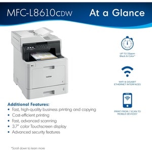 Brother MFC-L8610CDW Wireless Laser Multifunction Printer - Color - Copier/Fax/Printer/Scanner - 33 ppm Mono/33 ppm Color 