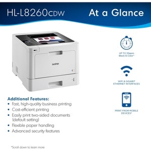 Brother HL HL-L8260CDW Desktop Laser Printer - Color - 33 ppm Mono / 33 ppm Color - 2400 x 600 dpi class - Automatic Duple