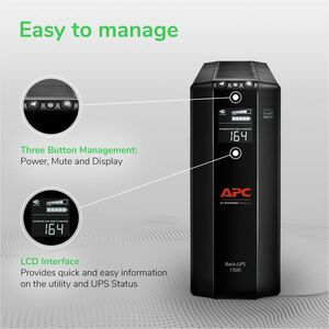 APC Back-UPS Pro, 1500VA, Tower, 120V, 10 NEMA 5-15R outlets, AVR, LCD - Tower - 16 Hour Recharge - 3 Minute Stand-by - 12