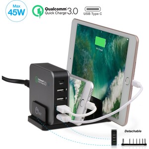 SIIG 5-Port Smart USB Charger plus Organizer Bundle with QC3.0 & USB-C - Black - 45W USB-C smart charger is compatible wit