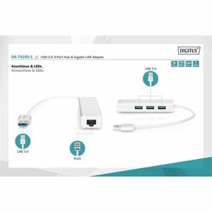 Digitus USB/Ethernet Combo Hub - USB Type A - Notebook, Printer, Flash Drive - 3 Total USB Port(s) - 3 USB 3.0 Port(s)1 Ne