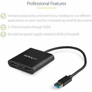 StarTech.com USB 3.0 to Dual HDMI Adapter, 1x 4K & 1x 1080p, External Graphics Card, USB Type-A Dual Monitor Display Adapt