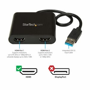 StarTech.com USB 3.0 to Dual HDMI Adapter, 1x 4K & 1x 1080p, External Graphics Card, USB Type-A Dual Monitor Display Adapt
