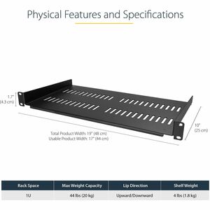 StarTech.com Universal CABSHELFV1U 1U Rackmount Rack-Regal für Server, A/V-Geräte, LAN-Schalter, Patchfeld - Schwarz - TAA