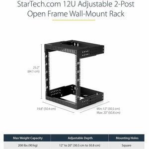 StarTech.com 2-Post 12U Heavy-Duty Wall Mount Network Rack, 19" Open Frame Server Rack with Adjustable Depth, Data Rack fo