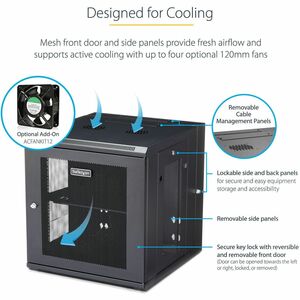 StarTech.com 4-Post 12U Wall Mount Network Cabinet, 19" Hinged Wall-Mounted Server Rack for IT Equipment, Flexible Lockabl