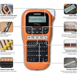Brother PTE110VP Industrial Durable Label Maker - Direct Thermal - 0.79 in/s (20 mm/s) Mono - 1 Fonts - 3 Font Size - 10 T