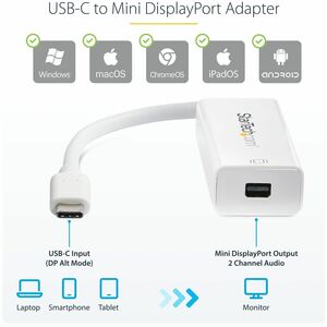 StarTech.com USB-C to Mini DisplayPort Adapter - 4K 60Hz - White - USB Type-C to Mini DP Adapter - Thunderbolt 3 Compatibl