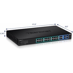 TRENDnet 28-Port Web Smart PoE+ Switch; 24 x Gigabit PoE+ Ports; 4 x Shared Gigabit Ports (RJ-45 or SFP); VLAN; QoS; LACP;