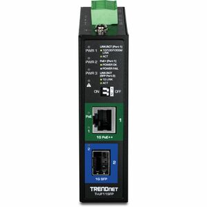 TRENDnet Hardened Industrial SFP to Gigabit UPoE Media Converter; IP30 Rated Housing; Includes DIN-rail & Wall Mounts; Ope