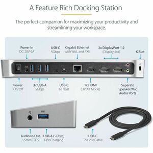 StarTech.com 4K USB-C Dock, Triple UHD 4K Monitor Docking Station, Mac & Windows, HDMI & DisplayPort, 60W PD, 5x USB 5Gbps