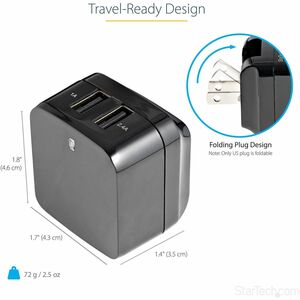 StarTech.com Travel USB Wall Charger - 2 Port - Black - Universal Travel Adapter - International Power Adapter - USB Charg