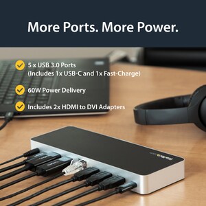 StarTech.com Dual Monitor USB C Docking Station w/ 60W Power Delivery - USB 3.1 Gen 1 Type C to HDMI or DVI - 5x USB - Win