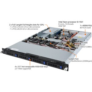 Gigabyte G150-B10 1U Rack Server - Intel Xeon D-1541 2,10 GHz - Serial ATA/600 Steuerung - ASPEED AST2400 Grafikkarte - 10
