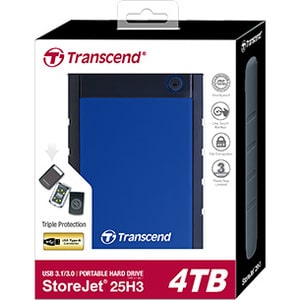 Transcend StoreJet Tragbar Festplatte - 2,5" Extern - 4 TB - SATA - Blau - USB 3.0 - 256-bit Verschlüsselungsstandard - 3 
