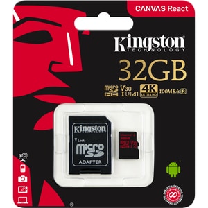 Kingston Canvas React 32 GB Class 10/UHS-I (U3) microSDHC - 1 - 100 MB/s Read - 70 MB/s Write