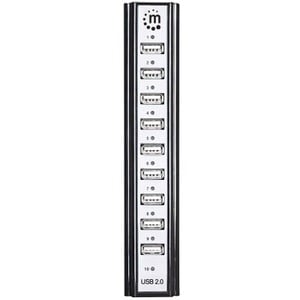 USB-A 10-Port Desktop Hub, 10x USB-A Ports, 480 Mbps (USB 2.0), Bus or AC Power, Hi-Speed USB, Black, Three Year Warranty 
