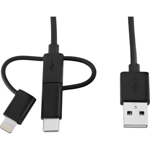 V7 Black USB Cable USB 2.0 A Male to Micro USB Male, Lightning Male, USB-C Male 1m 3.3ft