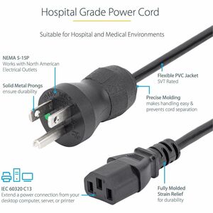 StarTech.com 6ft (2m) Hospital Grade Power Cord, 18AWG, NEMA 5-15P to C13, 10A 125V, Green Dot Medical Power Cable, Monito