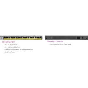 Commutateur Ethernet Netgear GS116PP 16 Ports - Gigabit Ethernet - 1000Base-T - 2 Couche supportée - Paire torsadée - Fixa