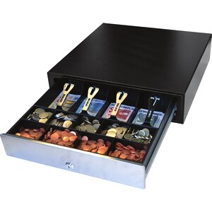 apg ECD417 Cash Drawer - 4 Bill - 9 Coin - 3 Lock Position - Stainless Steel - Black - 112 mm Height x 417 mm Width x 417 