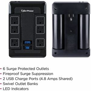 CyberPower HT600WSU2A Premier Home Theater 6 - Outlet Surge with 1680 J - Clamping Voltage 500V, NEMA 5-15P, Wall Tap, 15 