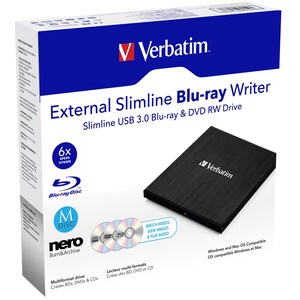 Verbatim Blu-ray Writer - External - Black - BD-R/RE Support - USB 3.0 - Slimline - BUS Powered