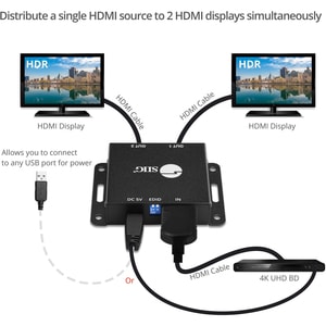 SIIG 2-Port HDMI 2.0 HDR Mini Splitter Amplifier with EDID Management - 2 Port HDMI Splitter- 4K60Hz- 1x2 HDMI Splitter- H
