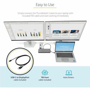 StarTech.com Thunderbolt 3 Dock - Dual Monitor 4K 60Hz TB3 Laptop Docking Station with DisplayPort - 85W Power Delivery - 