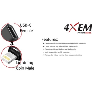 4XEM USB Type-C to Lightning Adaptor - 1 x Type C USB 3.1 USB Female - 1 x 8-pin Lightning Proprietary Connector Male - Bl