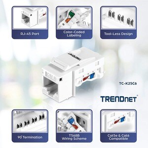 TRENDnet Cat6 Keystone Jack, 25-Pack Bundle, 90° Angle Termination, Compatible With Cat5, Cat5e, Cat6 Cabling, Color-Coded