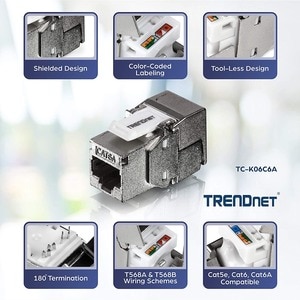 TRENDnet Shielded Cat6A Keystone Jack, 6-Pack Bundle, TC-K06C6A, 180° Angle Termination, Compatible with Cat5/Cat5e/Cat6 C