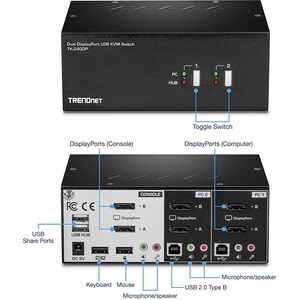 TRENDnet TK-240DP KVM Switchbox - TAA Compliant - 2 Computer(s) - 1 Local User(s) - 3840 x 2160 - 2 - 6 x USB - 6 x Displa