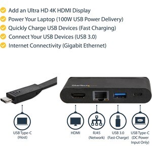 StarTech.com USB-C Multiport Adapter with HDMI - 1xA - 1xC - 100W PD 3.0 - for Notebook, Monitor - 100 W - USB Type C - 3 