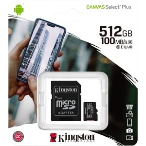 Kingston Canvas Select Plus SDCS2 512 GB Class 10/UHS-I (U3) microSDXC - 1 Pack - 100 MB/s Read - 85 MB/s Write - Lifetime