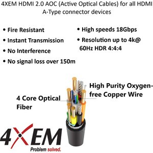 4XEM 100M 330FT Active Optical Fiber 2.0 HDMI - 328.08 ft Fiber Optic A/V Cable for Audio/Video Device, Blu-ray Player, HD