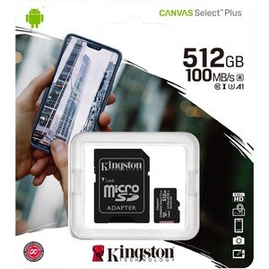 Kingston Canvas Select Plus SDCS2 512 GB Class 10/UHS-I (U3) microSDXC - 1 Pack - 100 MB/s Read - 85 MB/s Write