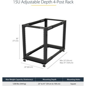 StarTech.com Rack Serveur Mobile 15U 4 Poteaux, Rack Réseau 19" 4 Poteaux avec Roulettes, Rack avec Profondeur Ajustable p
