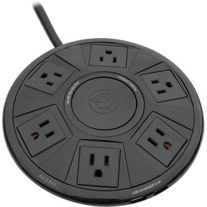 Accell Power Air - Surge Protector and USB Charging Station - Black, 6 ft (1.8 m) - 6 x AC Power, 2 x USB - 1800 VA - 1080