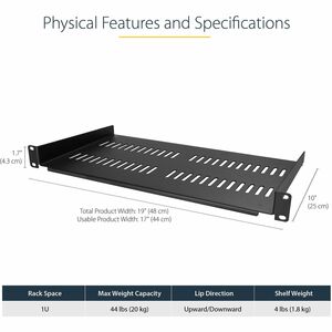 StarTech.com 1U Vented Server Rack Cabinet Shelf - Fixed 10in Deep Cantilever Rackmount Tray for 19" Data/AV/Network Enclo