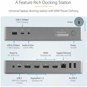 StarTech.com Universal Laptop Docking Station, Hybrid USB-C & USB-A Dock, Dual 4K DP & HDMI, 60W PD, Mac / Windows / Chrom
