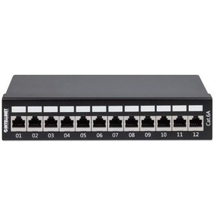 Patch Panel, Cat6a, FTP, 12-Port, Desktop, Shielded, 90° Top-Entry Punch Down Blocks, Black - 12 x RJ-45 - Desktop