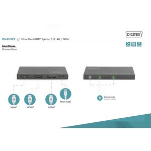 Digitus UltraSlim DS-45322 Signalverteiler - Metall - 4096 x 2160 - 1 x HDMI Ein - 2 x HDMI Aus - USB
