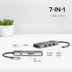 Plugable USB-C Hub 7-in-1, Compatible with Mac, Windows, Chromebook, USB4, Thunderbolt 4, and More - (4K HDMI, 3 USB 3.0, 
