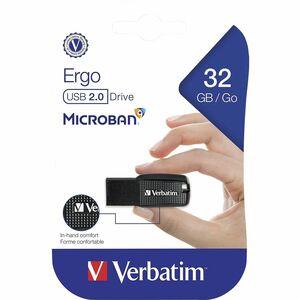 Verbatim 32GB Ergo USB Flash Drive - Black - The Verbatim Ergo USB drive features an ergonomic design for in-hand comfort 