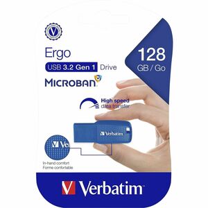 Verbatim 128GB Ergo USB 3.0 Flash Drive - Blue - The Verbatim Ergo USB drive features an ergonomic design for in-hand comf