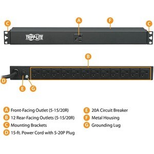 Tripp Lite by Eaton 2.4kW 120V Single-Phase Basic PDU - 13 NEMA 5-15/20R Outlets, 5-20P Input, 6 ft. (1.83 m) Cord, 1U Rac
