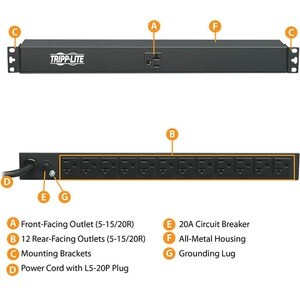 Tripp Lite by Eaton 2.4kW Single-Phase 120V Basic PDU - 13 NEMA 5-15/20R Outlets, L5-20P Input, 6 ft. (1.83 m) Cord, 1U Ra