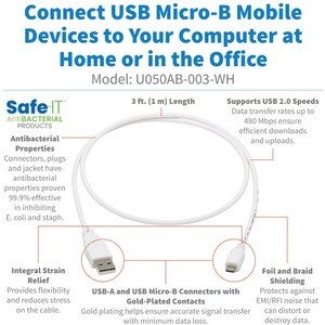 Eaton Tripp Lite Series Safe-IT USB 2.0 A to Micro-B Antibacterial Cable (M/M), White, 3 ft. (0.91 m) - 3 ft Micro-USB/USB